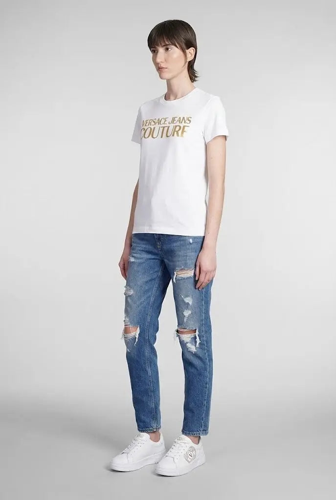 T Shirt Versace Jeans Couture Donna | Logo Oro | Bianco Versace Jeans