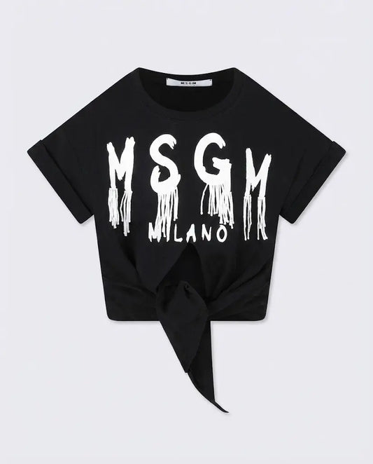 T Shirt Msgm Donna | Crop con Nodo | Logo Pendenti | Nero | Outlet MSGM