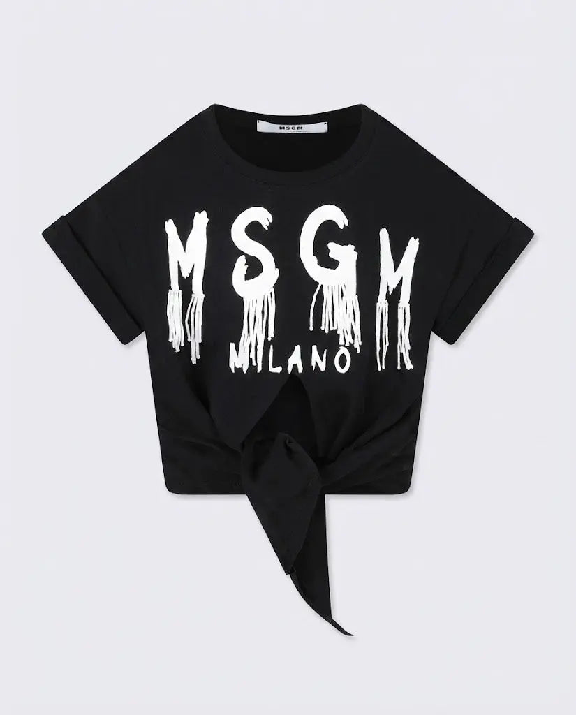 T Shirt Msgm Donna | Crop con Nodo | Logo Pendenti | Nero | Outlet MSGM
